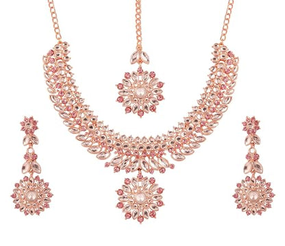 Touchstone Indian Bollywood Traditional Craftsmanship Mughal Designer Jewelry Wedding Necklace Set in Antique Gold Or White Tone for Women. - style: D135 Pink