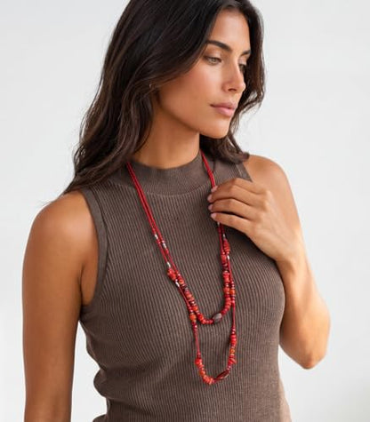 Noessla Boho Long Beaded Necklaces for Women Double Layer Chunky Irregular Stone Beads Strand Statement Jewelry Mothers Day Gifts - color: Red