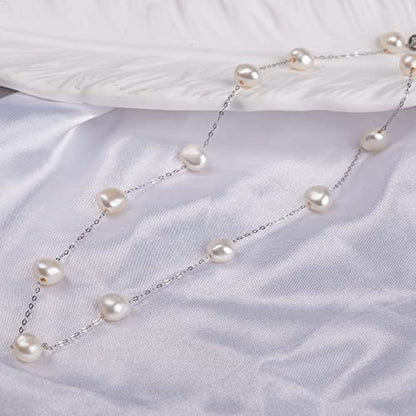 925 Sterling Silver Dainty Freshwater Cultured Pearl Choker Necklace White Genuine Real Pearl Charm Necklaces Jewelry Gifts for Her - color: Satellite Baroque 8-9mm-Silver