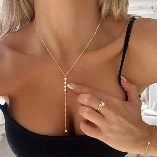 Zeffy Lariat Gold Necklace for Women, Dainty Long Necklace 14k Gold/Silver Plated Layered CZ Beaded Bar Chain Y-Shaped Body Chain Stack Drop Wedding Necklace Trendy Simple Gold Jewelry Gifts - color: Gold CZ Y Necklace(1PCS)