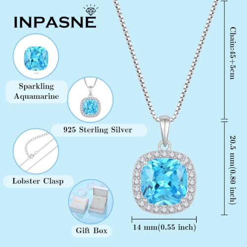 Birthstone Necklace for Women 925 Sterling Silver Princess Cut Halo Necklace Pendant Jewelry for Mom Wife - color: Sea Blue