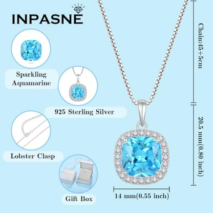 Birthstone Necklace for Women 925 Sterling Silver Princess Cut Halo Necklace Pendant Jewelry for Mom Wife - color: Sea Blue