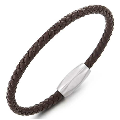 COOLSTEELANDBEYOND Minimalist Mens Women Leather Bracelet, Thin Braided Leather Bangle, Steel Oval Magnetic Clasp - color: C-Color: Brown