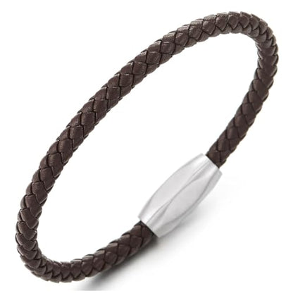 COOLSTEELANDBEYOND Minimalist Mens Women Leather Bracelet, Thin Braided Leather Bangle, Steel Oval Magnetic Clasp - color: C-Color: Brown