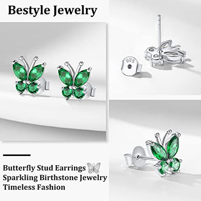 Bestyle Gold Butterfly Earrings for Women, Dainty Cute Birthstone Studs Hypoallergenic Jewelry, Great Birthday Gift - style: 05.May(Emerald)-STUD