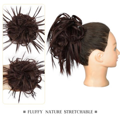 HMD Tousled Updo Messy Bun Hairpiece Hair Extension Ponytail for Women | Synthetic Hair Bun Extension with Elastic Rubber Band, Tousled Updo Messy Bun Hairpiece for Ponytail Styles Daily Party - color: Dark Medium Auburn