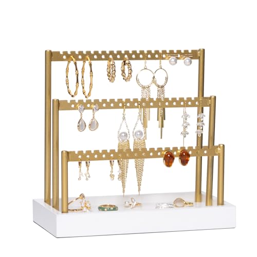 SANY DAYO HOME 3-Tier Earring Holder Organizer Stand, 105 Holes Gold Metal Earring Rack Jewelry Display Tree with White Wood Tray for Women and Girls - color: Gold Rack White Base
