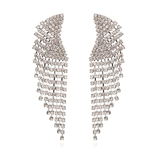 Silver Rhinestone Crystal Bridal Chandelier Long Tassels Dangle Earrings for Wedding - color: silver-4