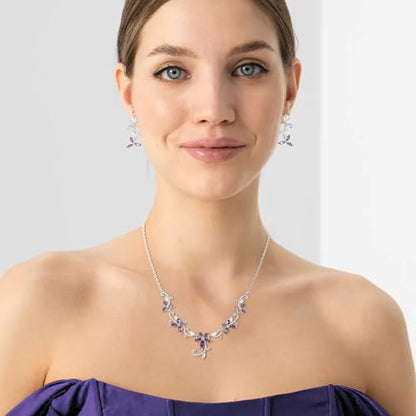 Crysdue Flower Leaf Wedding Jewelry Set for Bridal Bridemaid, Cubic Zirconia Teardrop Elegant Silver/14K/Rose Gold Plated Vine Necklace Dangle Earrings for Prom Party - style: A_Purple