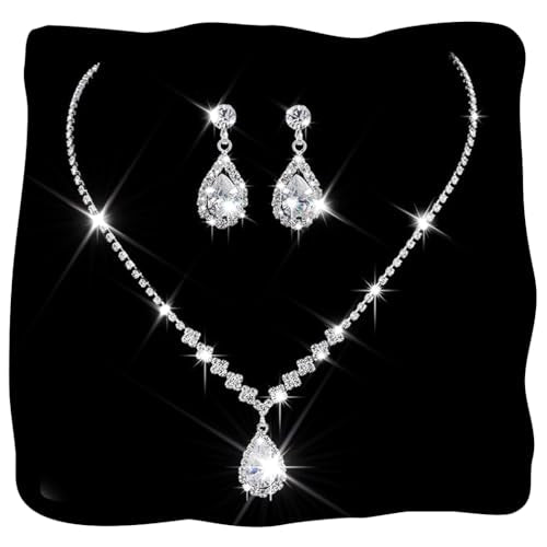 Unicra Bride Crystal Necklace Earrings Set Bridal Wedding Jewelry Sets Rhinestone Choker Necklace Prom Costume Jewelry Set for Women and Brides - color: A-Silver