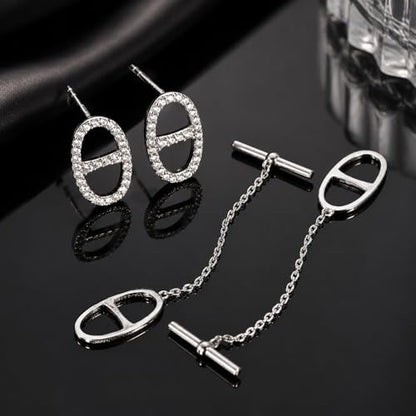 14K Gold CZ Dangle Earrings for Women, Convertible Drop | Detachable chain design with geometric CZ sparkle, hypoallergenic and non-tarnishing. Two styles for elegant everyday wear