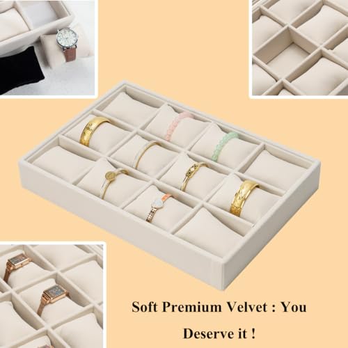 Jewelry Watch Tray, Beige Velvet Watch Jewelry Organizer 12 Grid, Stackable Watch Bracelet Bangle Display Holder, Adjustable Pillows, for Man Woman Show Birthday - color: Beige