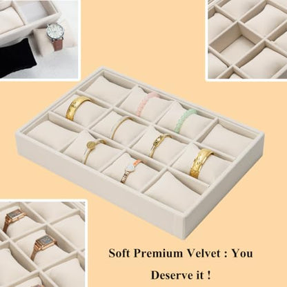 Jewelry Watch Tray, Beige Velvet Watch Jewelry Organizer 12 Grid, Stackable Watch Bracelet Bangle Display Holder, Adjustable Pillows, for Man Woman Show Birthday - color: Beige