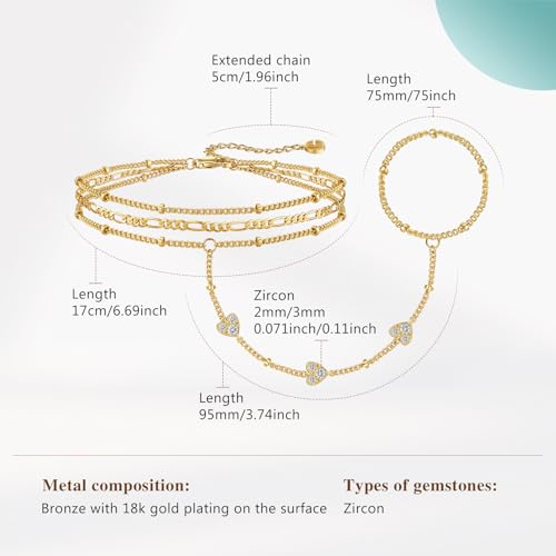 Cicy Bell Hand Chain Bracelets for Women 18K Gold Plated | Layered Stackable Dainty Ring Bracelets, Adjustable Satellite Bead Dot Link Finger Bracelets - color: Style G-Gold