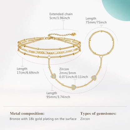 Cicy Bell Hand Chain Bracelets for Women 18K Gold Plated | Layered Stackable Dainty Ring Bracelets, Adjustable Satellite Bead Dot Link Finger Bracelets - color: Style G-Gold