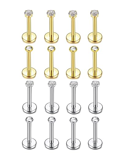 Flat Back Earrings Tragus Lip Nose Ring Studs Body Piercing Jewelry | 316L Stainless Steel 20G 18G Labret Monroe Cartilage Conch Helix - color: 8mm 18G 16Pcs