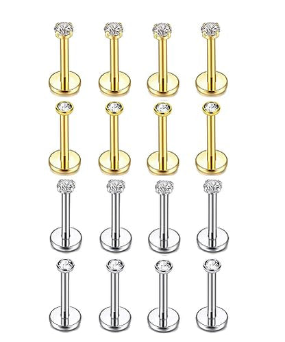 Flat Back Earrings Tragus Lip Nose Ring Studs Body Piercing Jewelry | 316L Stainless Steel 20G 18G Labret Monroe Cartilage Conch Helix - color: 8mm 18G 16Pcs