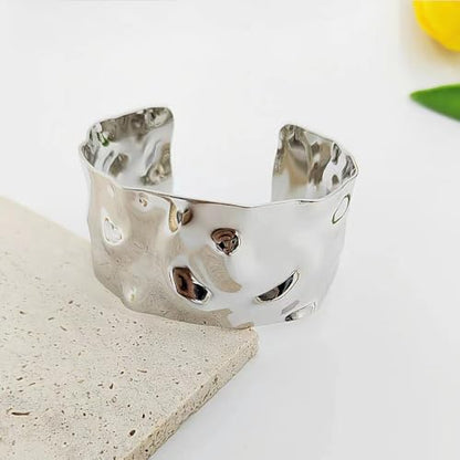 GIGB PBDK Chunky Gold Hammered Bangle Bracelets for Women Lover,Irregular Silver Large Wide Metal Arm Cuff,Minimalist Adjustable Statement Jewelry Gifts