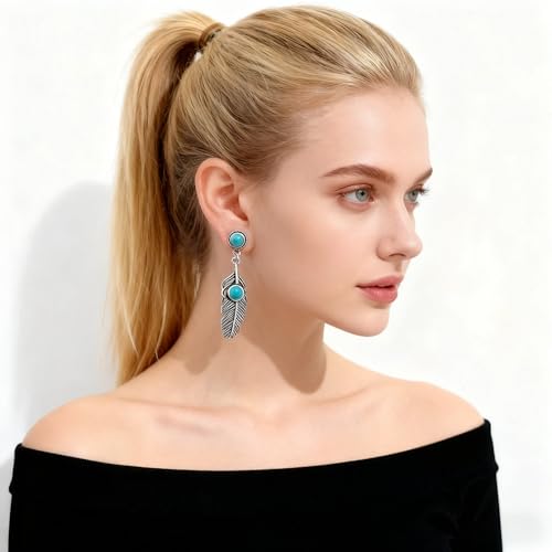 Vintage Silver Turquoise Feather Dangle Earrings for Women, Boho Western Retro Tribal Jewelry, Unique Gift for Bohemian Fashion Lovers