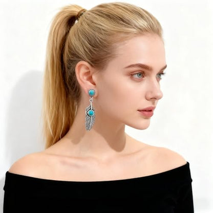 Vintage Silver Turquoise Feather Dangle Earrings for Women, Boho Western Retro Tribal Jewelry, Unique Gift for Bohemian Fashion Lovers