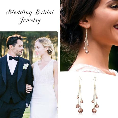 EleQueen Women's Silver-tone Crystal Simulated Pearl 4 Chain Bridal Long Dangle Hook Earrings Ivory Color - color: A-Brown Gold-Tone