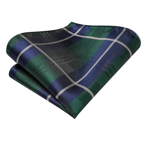 Hi-Tie Men 63inches Tie Set Extra Long Necktie Paisley Tie Pocket Suqare Cufflinks Big and Tall Men Tie - color: Blue Green Plaid