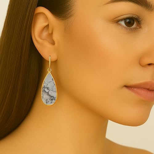 Aloha Earrings Non Pierced Gold Tone Clip On Natural Stone Teardrop Dangling Earrings - style: White Turquoise