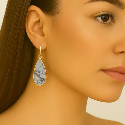 Aloha Earrings Non Pierced Gold Tone Clip On Natural Stone Teardrop Dangling Earrings - style: White Turquoise