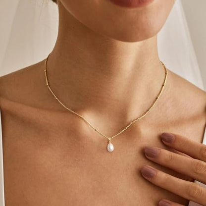 Pearl Necklaces for Women, Dainty Pearl Drop Necklace 14K Gold Plated CZ Pearls Pendant Necklace Small Gold Choker Necklaces for Women Trendy Wedding Jewelry Bridesmaids Gifts - color: Gold Plated-Bead Pearl