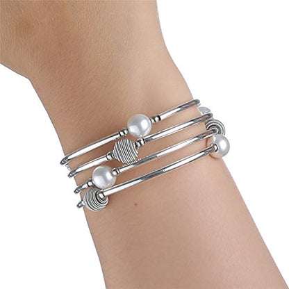 PEARL&CLUB Beaded Chakra Bangle Turquoise Bracelet - Fashion Jewelry Wrap Bracelet with Thick Silver Metal and Mala Beads, Birthday Gifts For Women - color: 63-White Shell Pearl