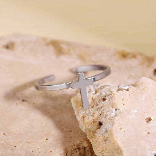 Stainless Steel Cross Open Ring, Minimalist Basic Band, Colorfast Fashion Ring for Teens, Religious & Daily Casual Wear