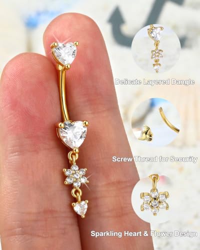 Jewseen Dangle Flower Belly Button Rings 14G Dangle Heart Navel Ring 10MM Gold Curved Barbell Belly Button Piercing for Women Stainless Steel Dainty Navel Piercing Jewelry - color: Gold