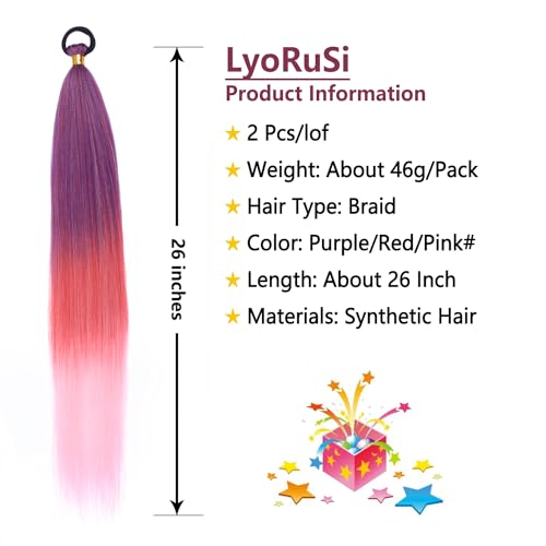2 Pack Red Gradient 26 Inch Braid Ponytail Extension with Elastic Tie | Ponytail Extension with Elastic Tie Straight Sleek Wrap Around Braid Ponytail , Natural Soft Synthetic Hair Piece for Women - color: Red gradient#（Purple/Red/Pink）, size: 26 Inch（Pack
