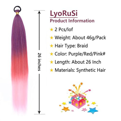 2 Pack Red Gradient 26 Inch Braid Ponytail Extension with Elastic Tie | Ponytail Extension with Elastic Tie Straight Sleek Wrap Around Braid Ponytail , Natural Soft Synthetic Hair Piece for Women - color: Red gradient#（Purple/Red/Pink）, size: 26 Inch（Pack