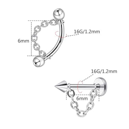 5 Pcs 316L 16G Lip Rings Snake Bite Jewelry Eyebrow Rings Tragus Helix Rook Piercing Jewelry with Chain, Stainless Steel Cartilage Earrings, Belly Button Ring Vertical Labret Lip Piercing Set - color: Silver:6mm
