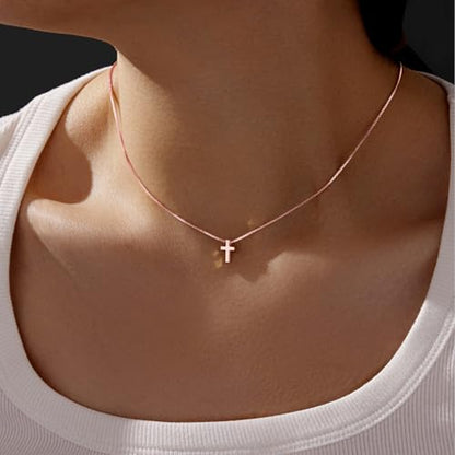 Poxtex Cross Necklace for Women Teen Girls, Dainty 14K Gold Silver Plated Cross Choker Jewelry Non Tarnish Waterproof Cute Simple Small Necklace Christian Baptism Religious Faith Jewelry Gifts - color: 01 Tiny Cross -Rose Gold