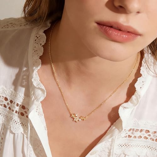 WEARON Gold Necklace for Women Gold Star Necklace 14K Gold Plated CZ Necklace Dainty Choker Charm Necklaces Hypoallergenic Trendy Jewelry for Women Gift - color: Stars