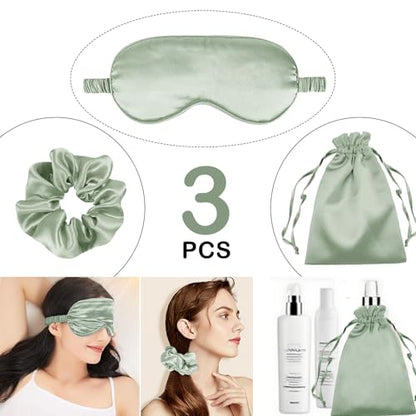3Pcs Satin Eye Mask Silk Sleep Masks Set Silky Blindfold Eyeshade Blackout Eyes Cover Pouches Bag Scrunchy Wedding Gift - color: Sage