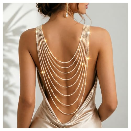 Multi Layer Rhinestone Back Drop Necklace, Silver Gold Layered Tassel Back Chain, Crystal Back Necklace Jewelry for Bridal Wedding, Evening Party, Open Back Jewelry for Women Dress - color: Gold