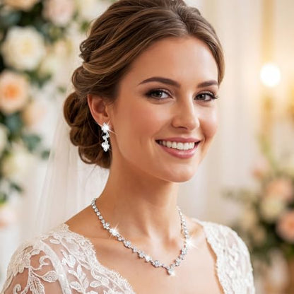 Unicra Bride Crystal Necklace Earrings Set Bridal Wedding Jewelry Sets Rhinestone Choker Necklace Costume Jewelry Set for Women and Brides - color: Silver Necklace Earrings