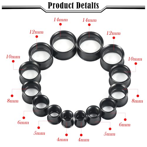 12G-25mm Double Flare Thin Gauges Tunnels Plugs Stretching Kit 316L Surgical Stainless Steel Hollow Gauge Tunnel Plug for Ear 12G 10G 8G 6G 4G 2G 0G 00G 12mm 14mm 16mm 18mm 20mm 22mm 25mm - color: Black Tone, size: 6G(4.0mm)-18mm