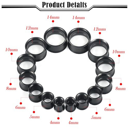 12G-25mm Double Flare Thin Gauges Tunnels Plugs Stretching Kit 316L Surgical Stainless Steel Hollow Gauge Tunnel Plug for Ear 12G 10G 8G 6G 4G 2G 0G 00G 12mm 14mm 16mm 18mm 20mm 22mm 25mm - color: Black Tone, size: 6G(4.0mm)-18mm