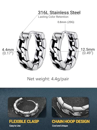 PROSTEEL Stainless Steel Huggie Hoop Earrings for Mens Gold/Black/Silver | Skull/Infinity Pattern, Spike/Cuban Links 4 Design Options Hypoallergenic Lightweight Earring Hip Hop Punk Gothic Jewelry - style: Cuban Links-Silver