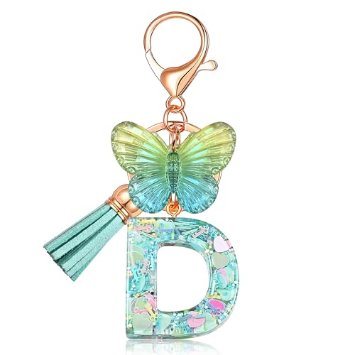 JINGUAZI Butterfly Initial Letter Keychain Bag Charms for Women | Cute pendant accessories for purses, handbags, backpacks, car keys, small gift for her young women, mothers, teachers - color: D-green