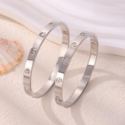Camhanno Gold Bangles for Women - Stainless Steel Love & Friendship Bracelet Set with Gift Box | Daily Wear & Party Jewelry - color: 2Pcs Silver Set Style 3