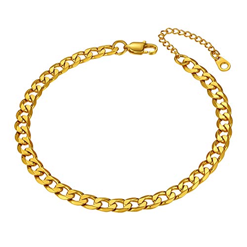 Richsteel Anklets for Women Cuban/Figaro/Spiga Wheat Chain Stainless Steel/18K Gold Plated Ankle Bracelet Beach Waterproof Foot Jewelry - color: 02-Gold Plated Cuban