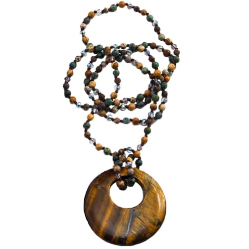 Yomisa Long Necklaces for Women Trendy, 33/34/35 inch | Boho Beaded Necklaces for Women, Natural Stone Pendant, Handmade Knotted Bead, Bohemian Holiday Summer Western Charm Jewelry - color: 33inch-Tiger Eye