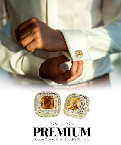 Square Colored Crystal Double Diamond Set Cufflinks - color: Yellow/Gold