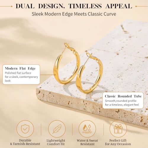 sovesi Flat Edge Chunky Hoop Earrings for Women 14k Gold Plated, 5mm Thick Hoops, Lightweight Hypoallergenic Hoop Earrings - color: Gold 30mm