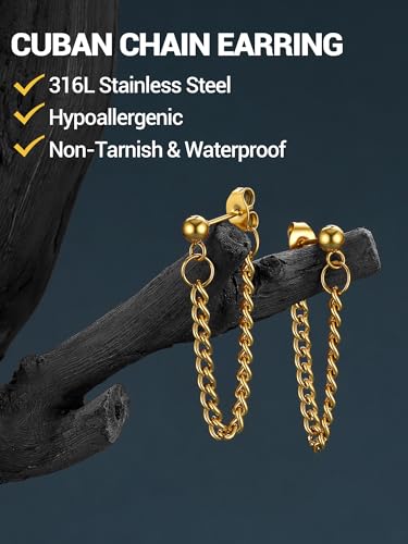 PROSTEEL Stainless Steel Huggie Hoop Earrings for Mens Gold/Black/Silver | Skull/Infinity Pattern, Spike/Cuban Links 4 Design Options Hypoallergenic Lightweight Earring Hip Hop Punk Gothic Jewelry - style: 07-Cuban Chain-Gold